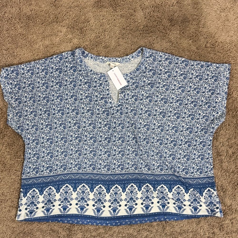 NWT Lucky Brand Blue and White Paisley Print Dolman Tee size 2X Coastal Grandma